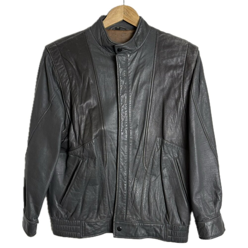 Vintage Leather Jacket Men Small Grey Moto Racer Bomber 80s Distressed Retro